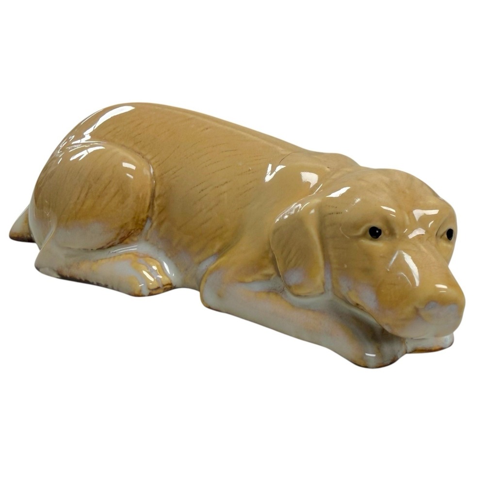 Vintage Golden Retriever Labrador Dog Puppy Laying Down Figurine Glazed Pottery
